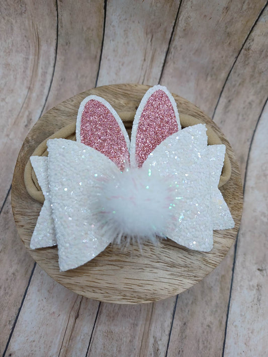 White w/ Pink Glitter Bunny Rabbit Infant Headband