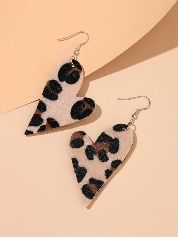 Light Tan Leopard Elongated Heart Earrings
