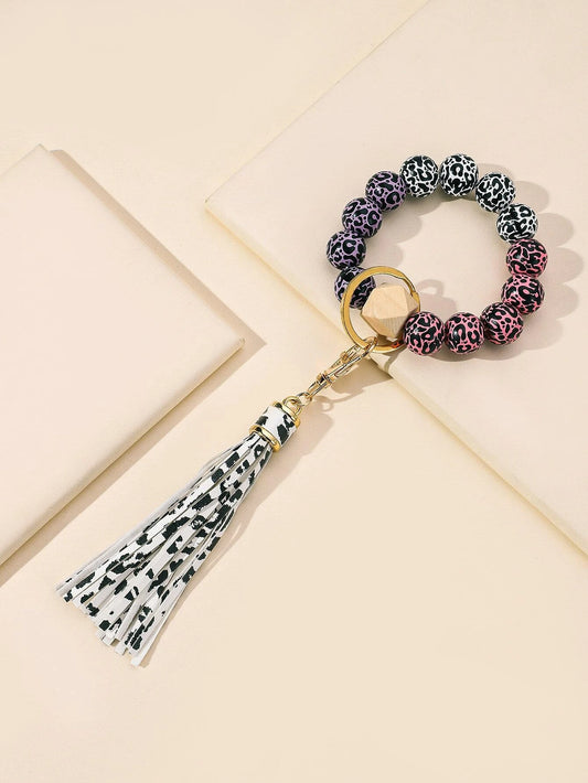 Pink, Purple, & White Beaded Keychain w/ Lanyard Attachment