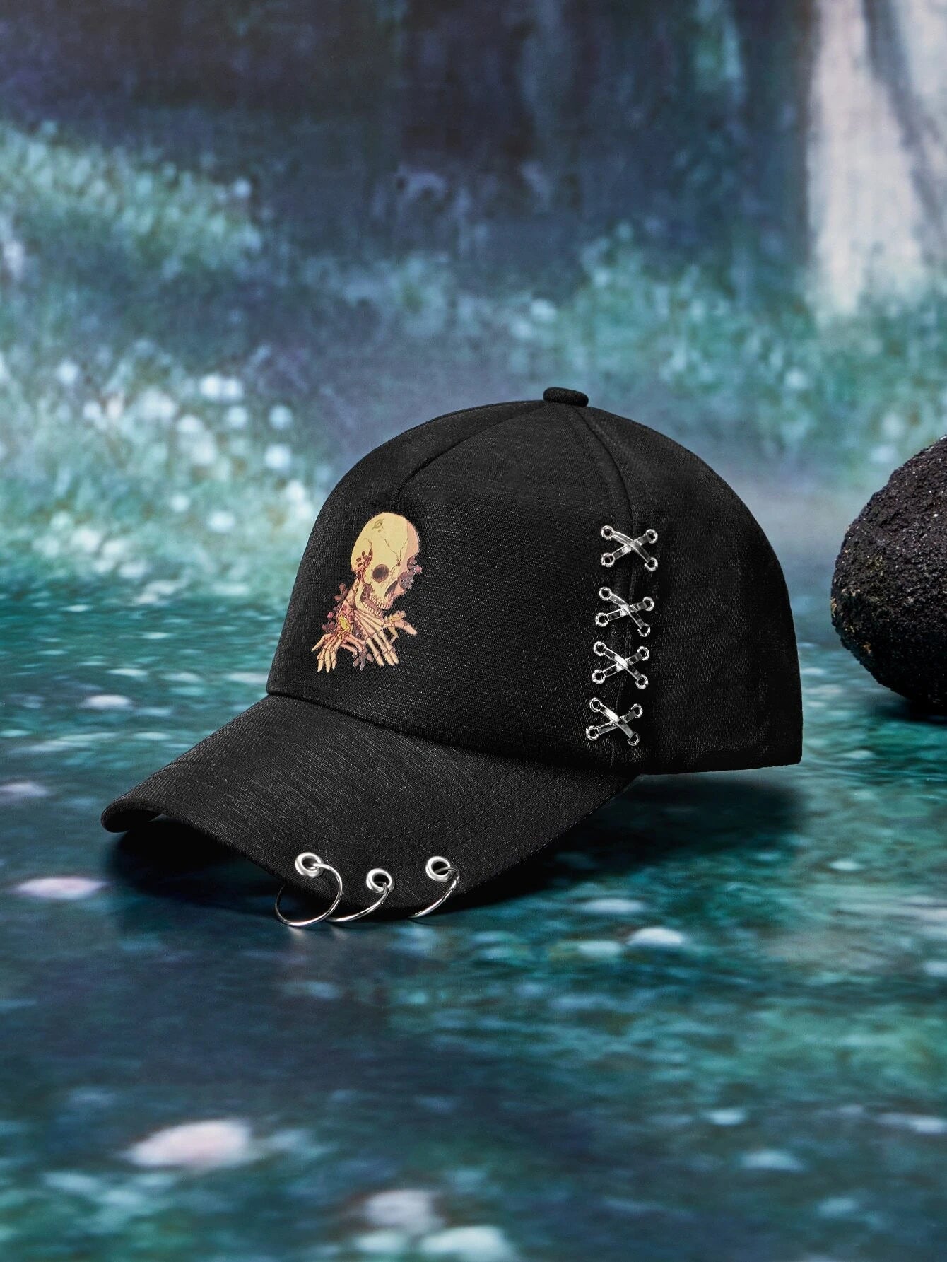 Black Hat w/ Skull Design & Silver Embellishments