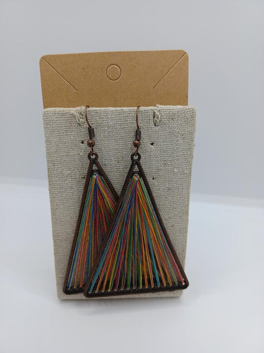 Brass Triangle Shaped Earrings w/ Multicolored Threaded Detail