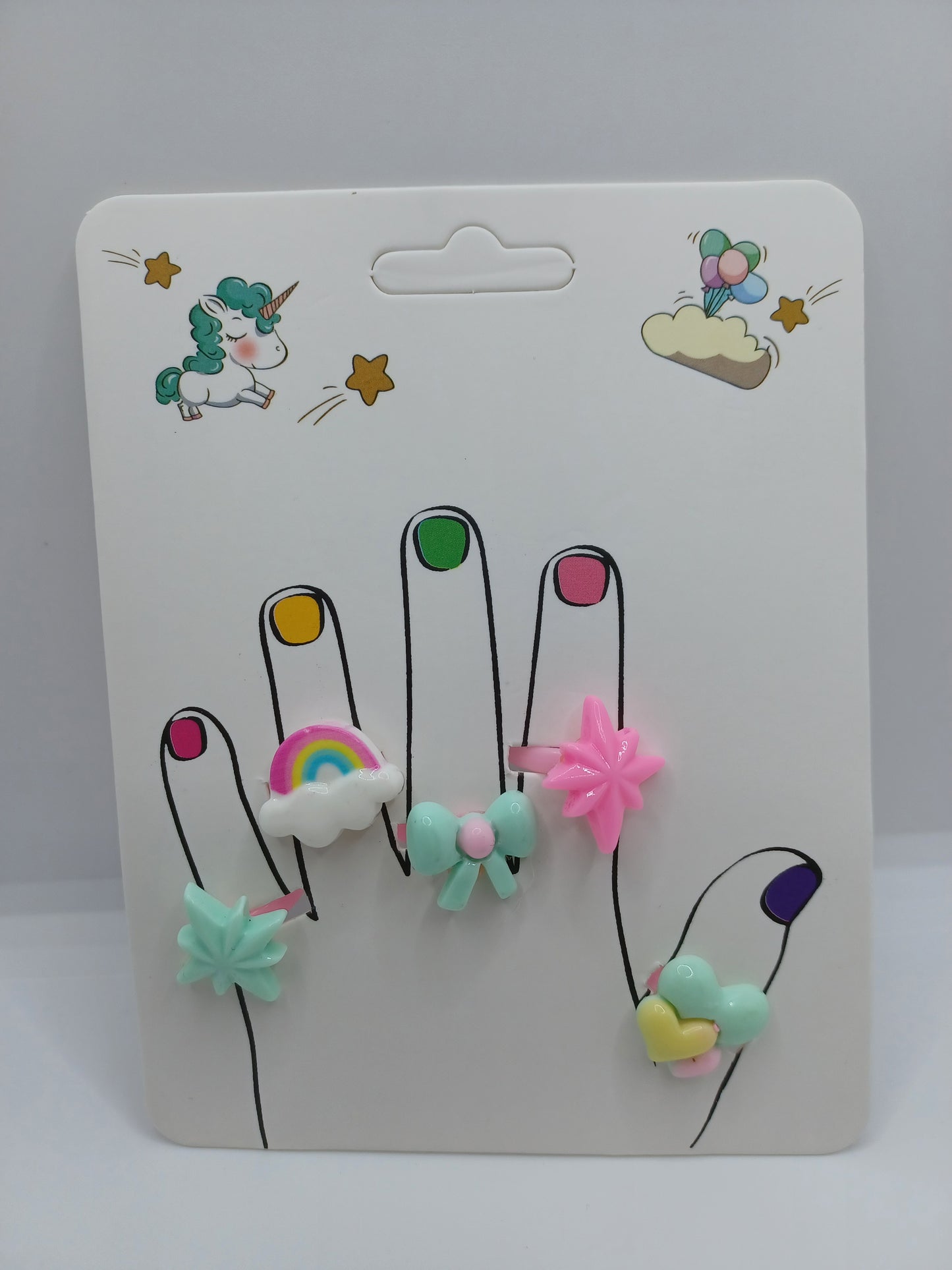 Ring Set - Green Star, Rainbow, Green Bow, Pink Star, & Hearts
