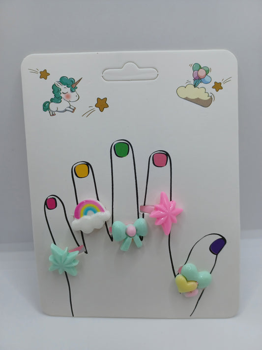 Ring Set - Green Star, Rainbow, Green Bow, Pink Star, & Hearts