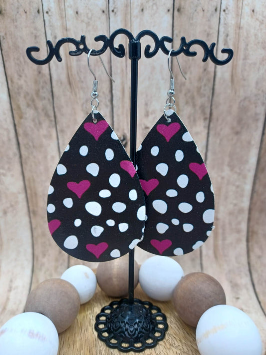 Black w/ Pink Hearts & White Polka Dot Earrings