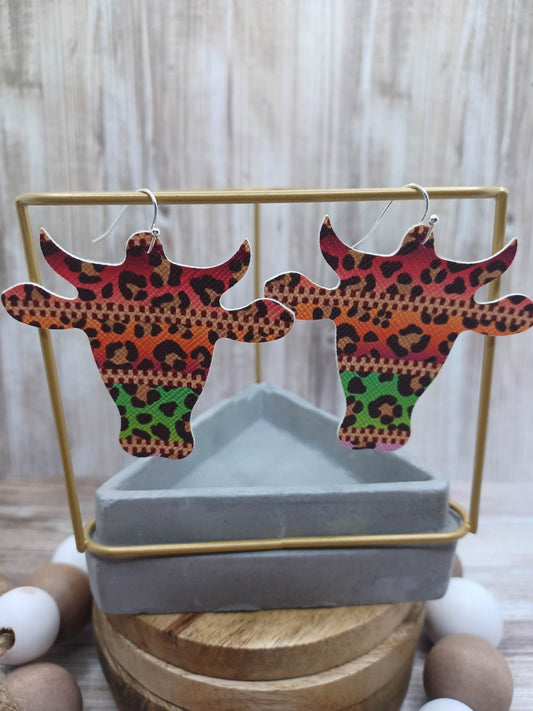 Rainbow Leopard Cow Cutout Leather Style Earrings