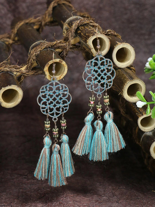 Teal & Green Tassel Style Earrings w/ Oil Spill Beading
