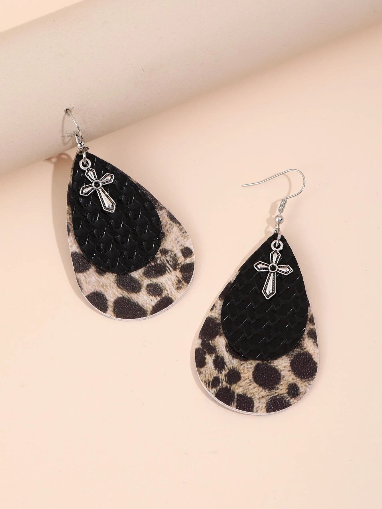Leopard & Leather Style Layered Earrings w/ Cross Detail