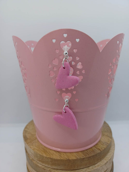 Bubble Gum Pink w/ Glitter Clay Heart Earrings on a Silver Setting