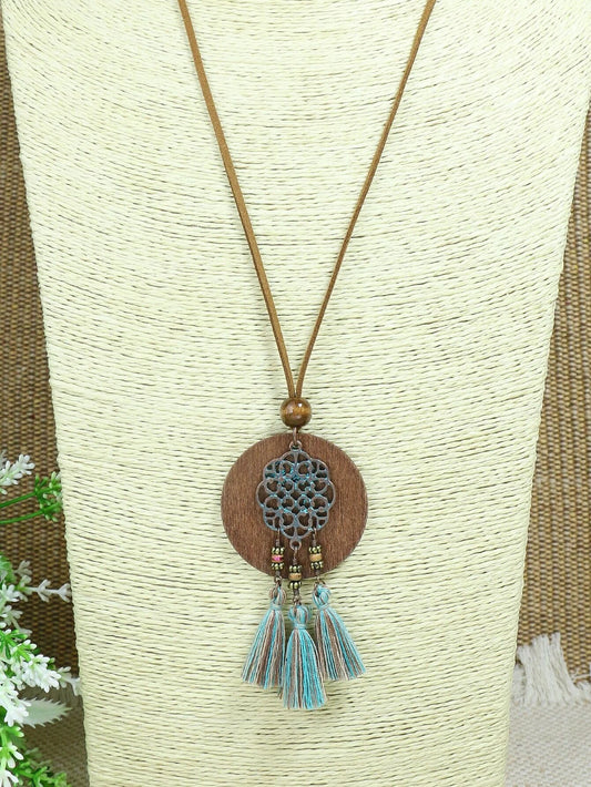 Suede Necklace w/ Wooden Pendant & Teal & Green Tassels