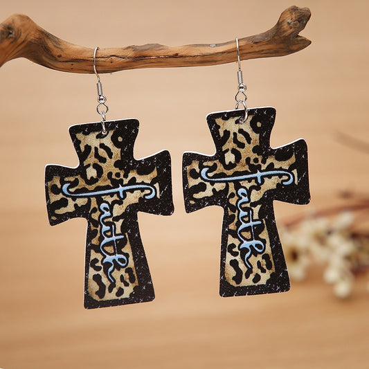Faith Cross Shaped Leather Style Earrings w/ Leopard Print