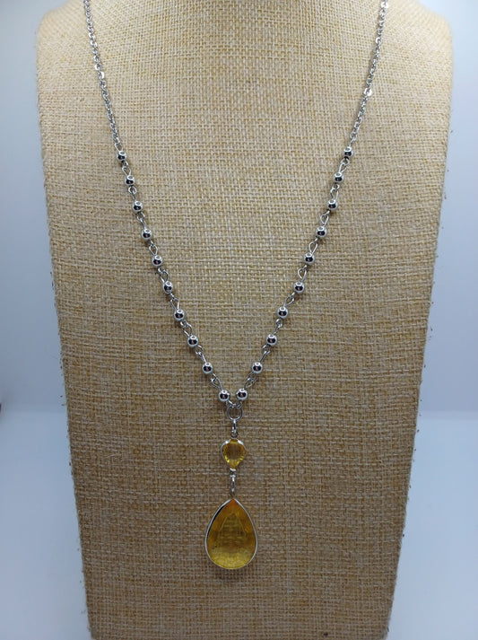 Silver Necklace w/ Satellite Chain & Yellow Teardrop Pendant