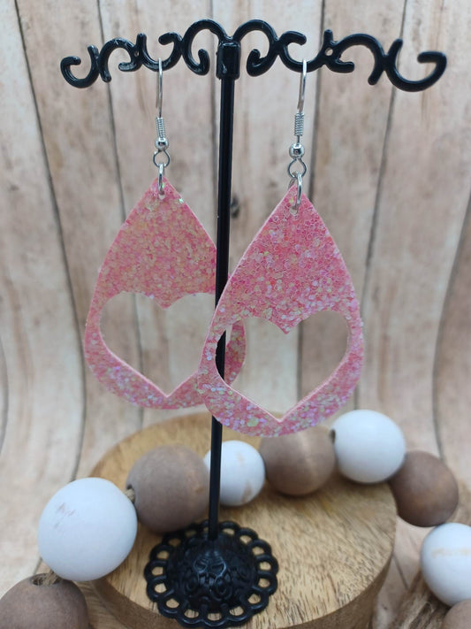 Pink Heart Cut Out Glitter Earrings