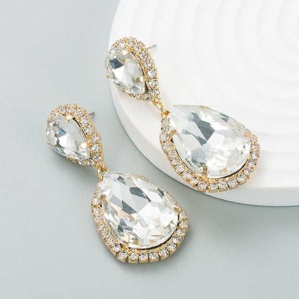 Gold w/ White Rhinestones Tear Drop Shaped Earrings
