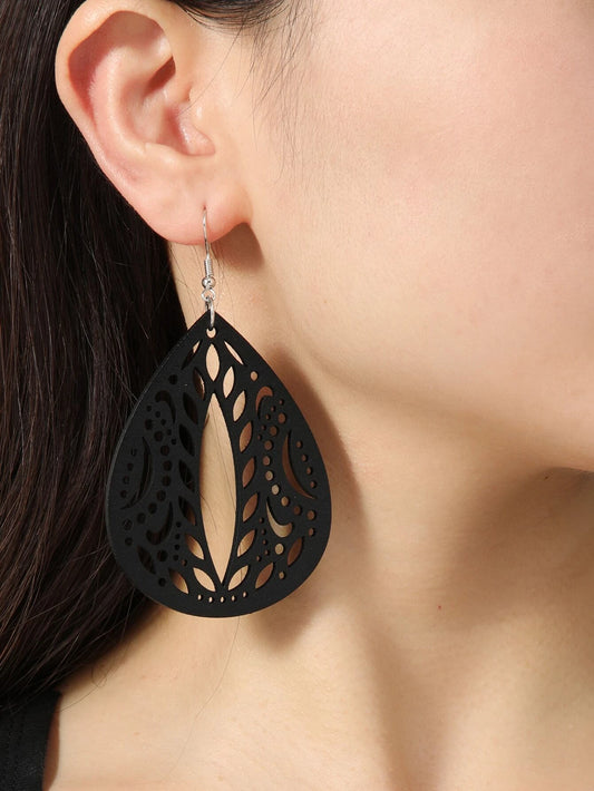 Black Wooden Cutout Teardrop Shaped Earrings