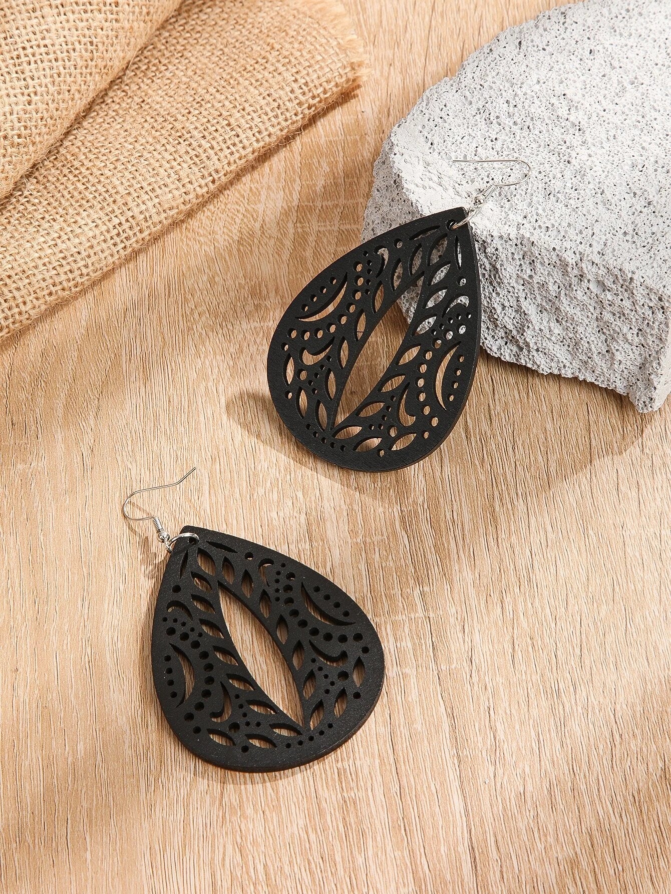Black Wooden Cutout Teardrop Shaped Earrings
