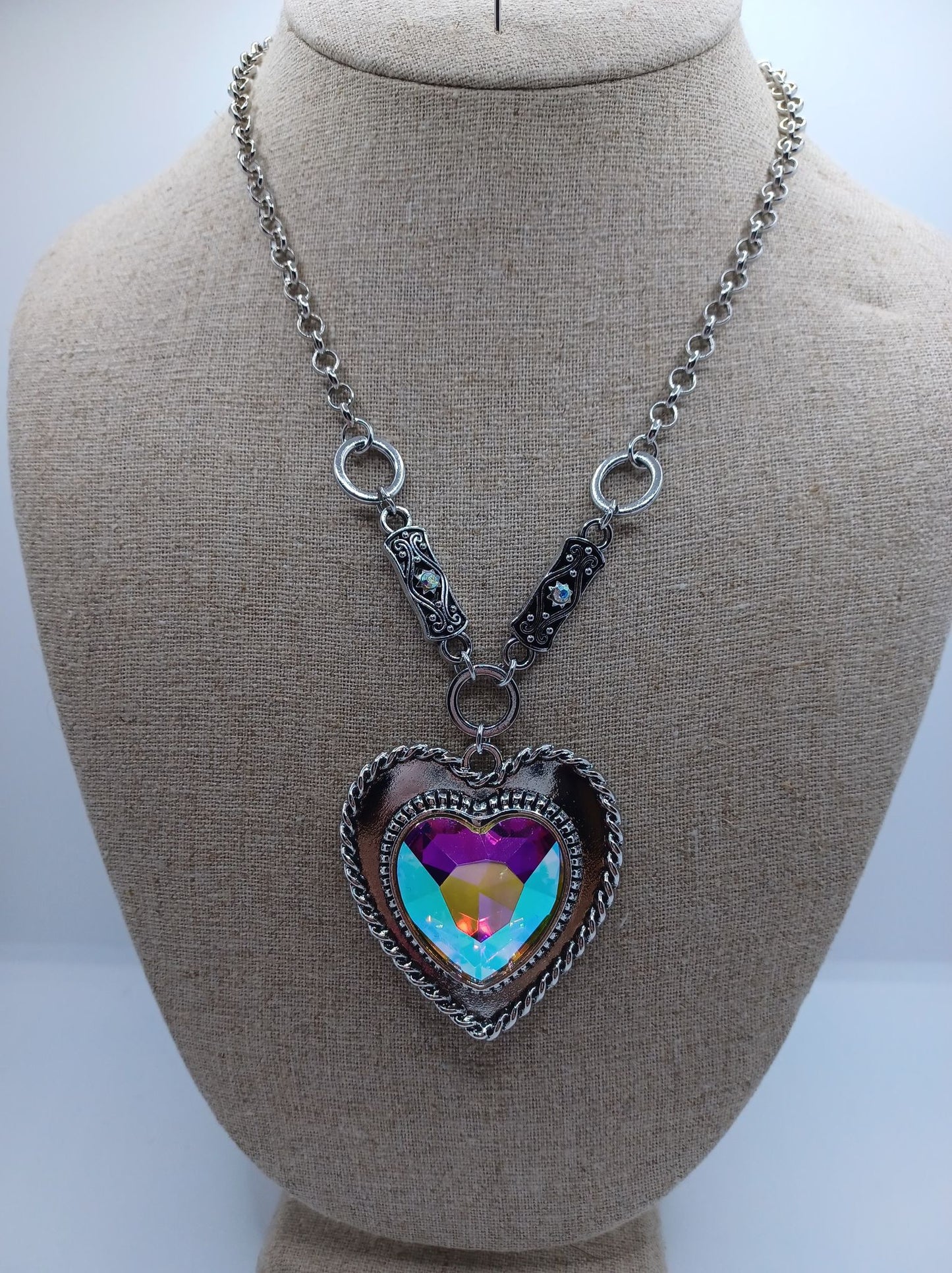 Silver Necklace w/ Iridescent Heart Pendant