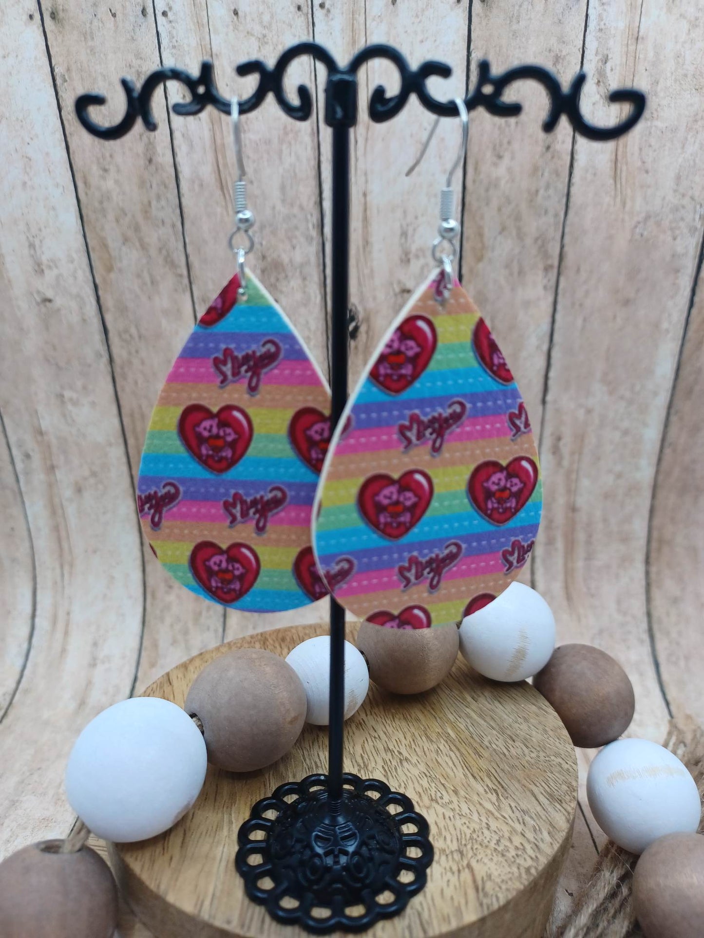 Multicolored Stripe Earrings w/ Red Hearts
