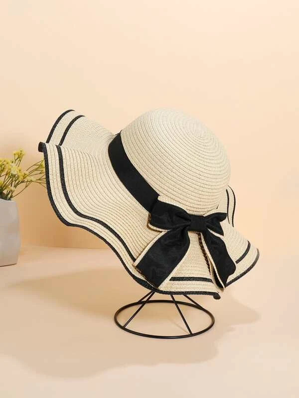 Tan Hat w/ Black Trim and Scarf Detail