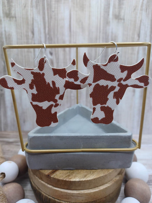 Brown Cow Print & Cut Leather Style Earrings