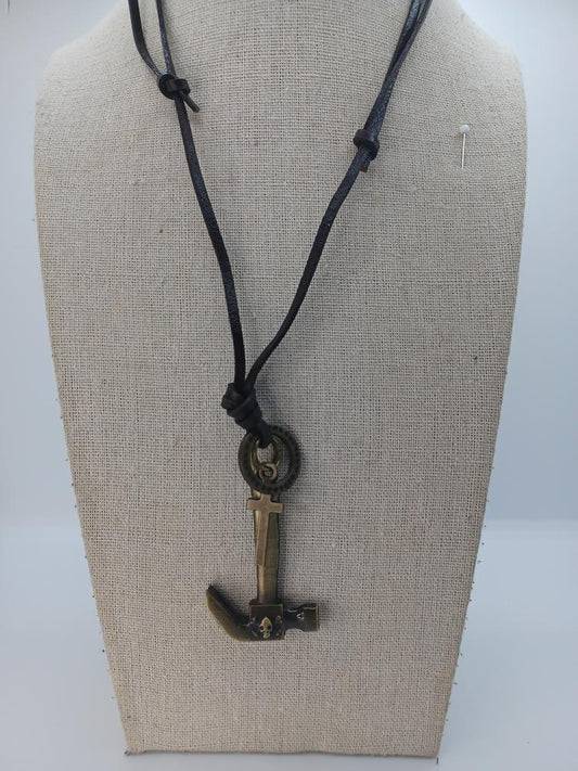Leather Style Adjustable Necklace w/ Hammer Pendant