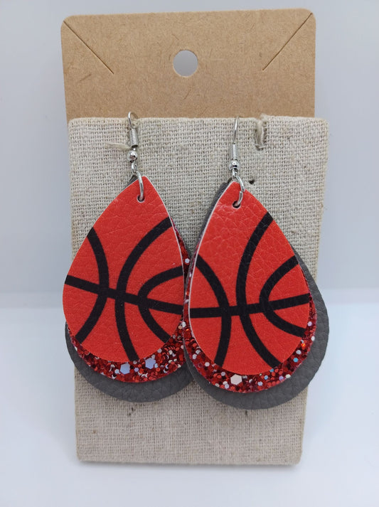Triple Layered Basketball Earrings w/ Grey & Red Glitter