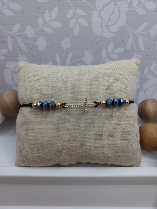 Smoky Blue Beaded Cross Bracelet
