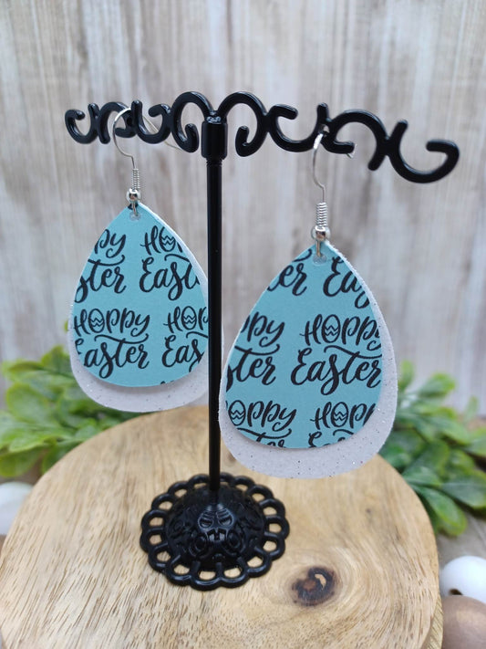 Blue Hoppy Easter Double Layered Leather Style Earrings