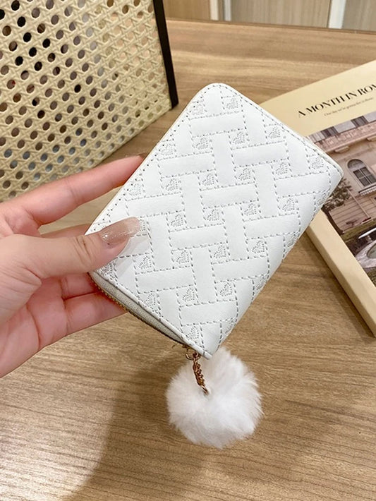 White Quilted Wallet w/ Pon Detail