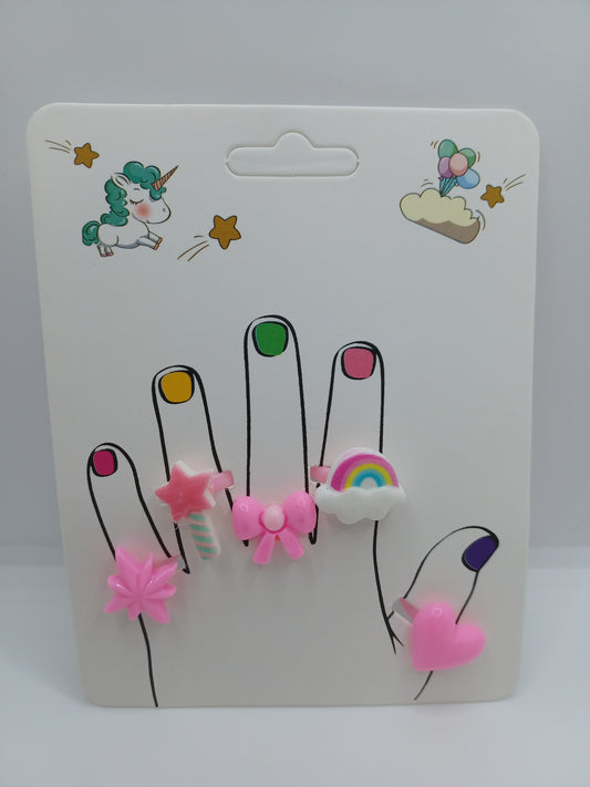 Ring Set - Pink Star, Pink Star Wand, Bow, Rainbow, & Heart