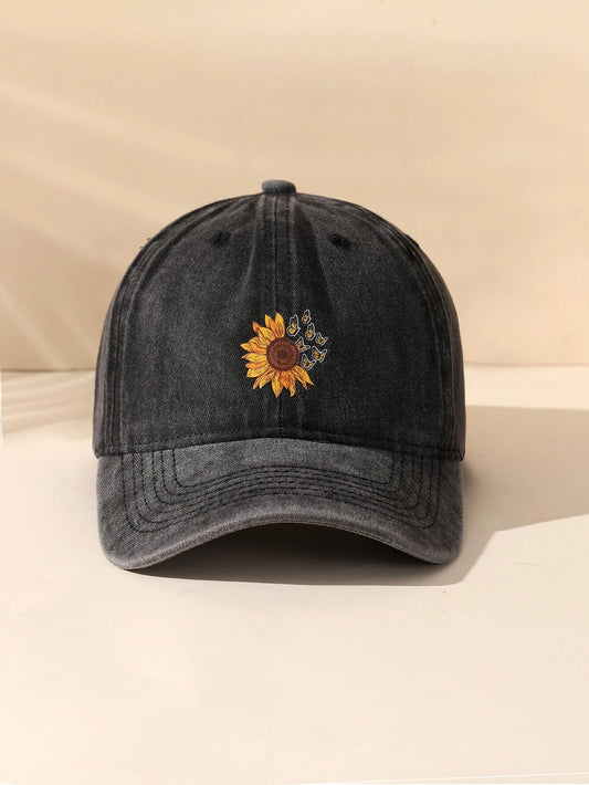 Black Denim Wash Sunflower & Butterfly Hat