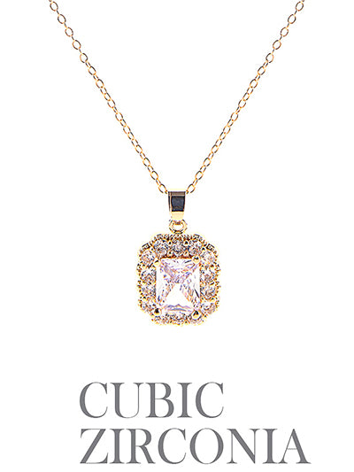 Gold Necklace w/ Square Cut CZ Rhinestone Pendant