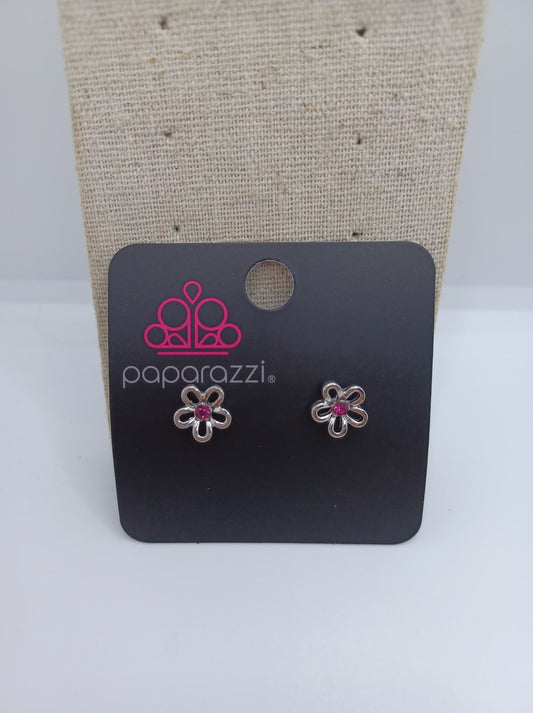Silver Flower Earrings w/ Hot Pink Rhinestone