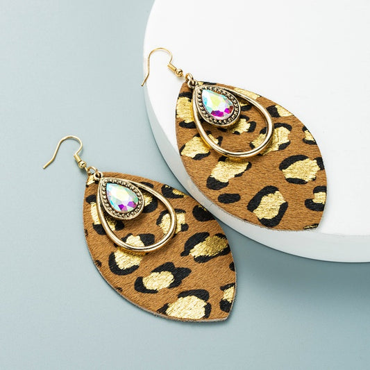 Tan Leopard & Mermaid Rhinestone Earrings