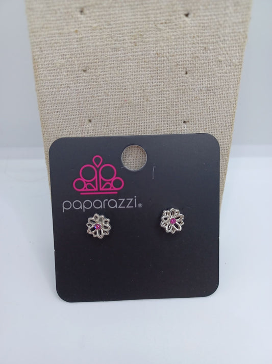 Silver Flower Earrings w/ Hot Pink Rhinestone