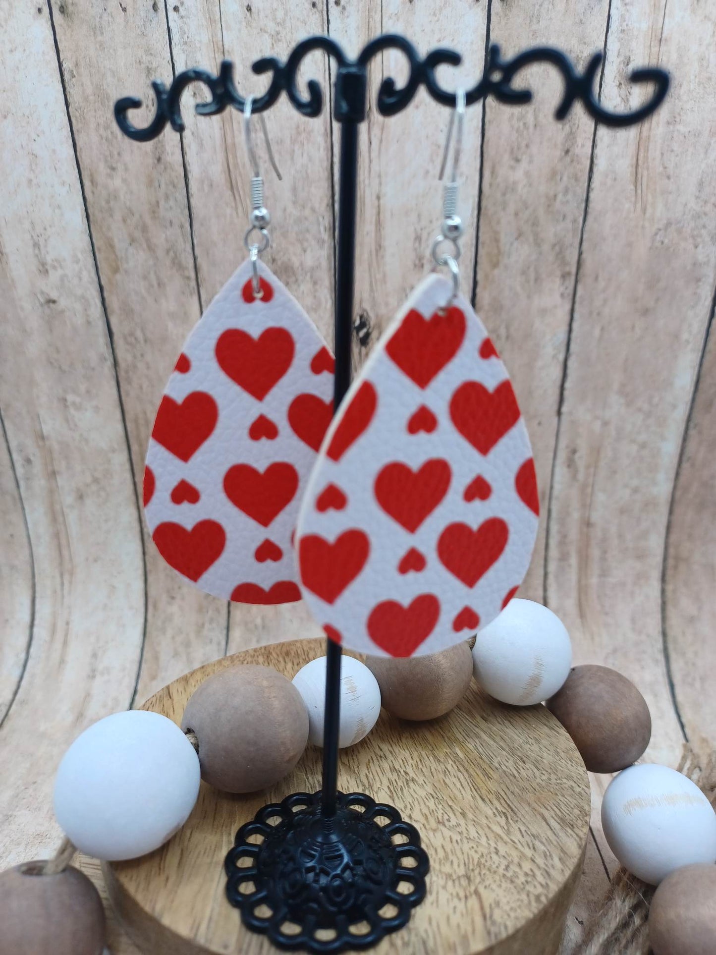 White Leather Style Earrings w/ Red Hearts