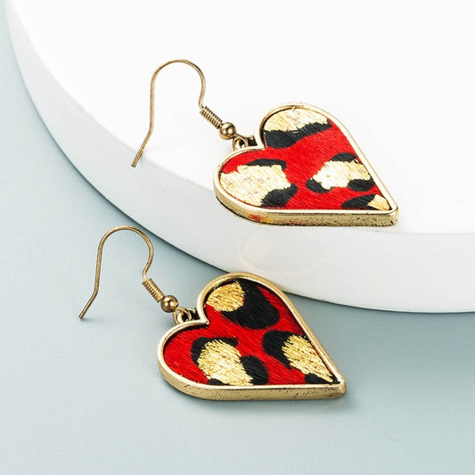 Red Leopard Faux Fur Heart Shaped Earrings