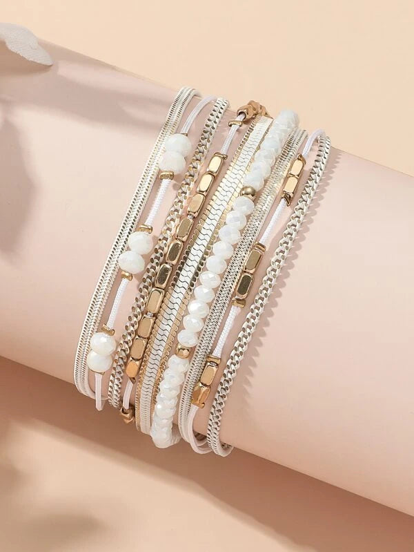 White Beaded and Chain Bracelet