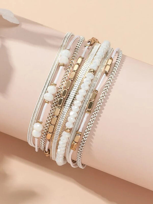 White Beaded and Chain Bracelet
