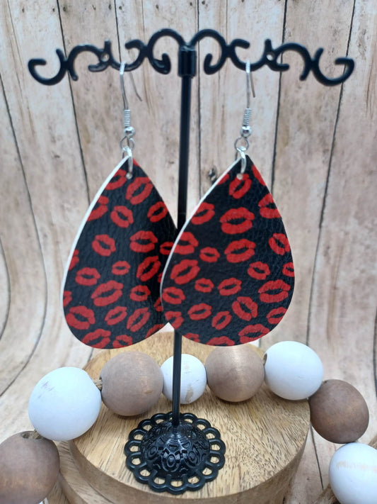 Black Leather Style Earrings w/ Red Lips
