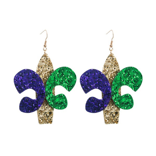 Gold, Green, & Purple Glitter Fleur De Lis Earrings