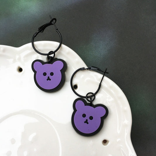 Purple Teddy Bear Earrings on a Black Hoop