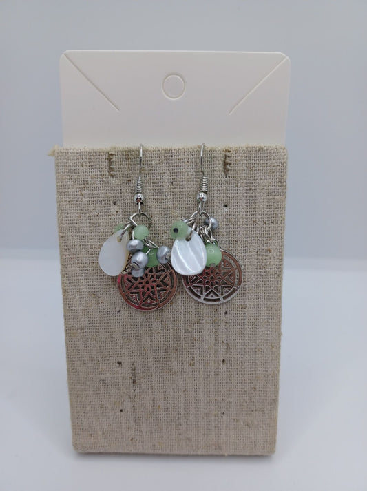 Green Beaded Earrings w/ Shell Charms