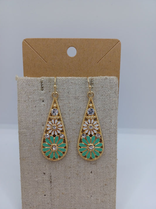 Golden Teardrop Earrings w/ White & Teal Flowers