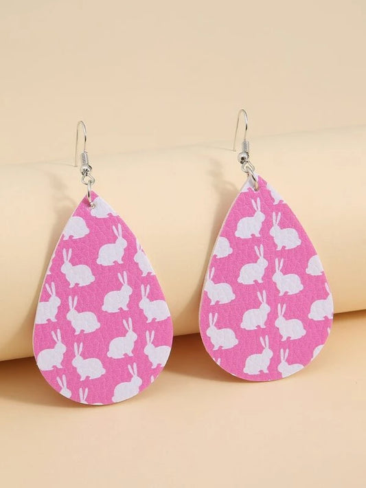 Pink Leather Style Earring with Bunny Pattern