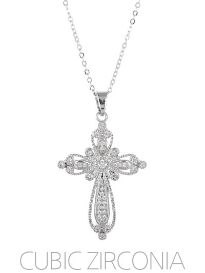 Silver Cross Necklace w/ Rhinestones
