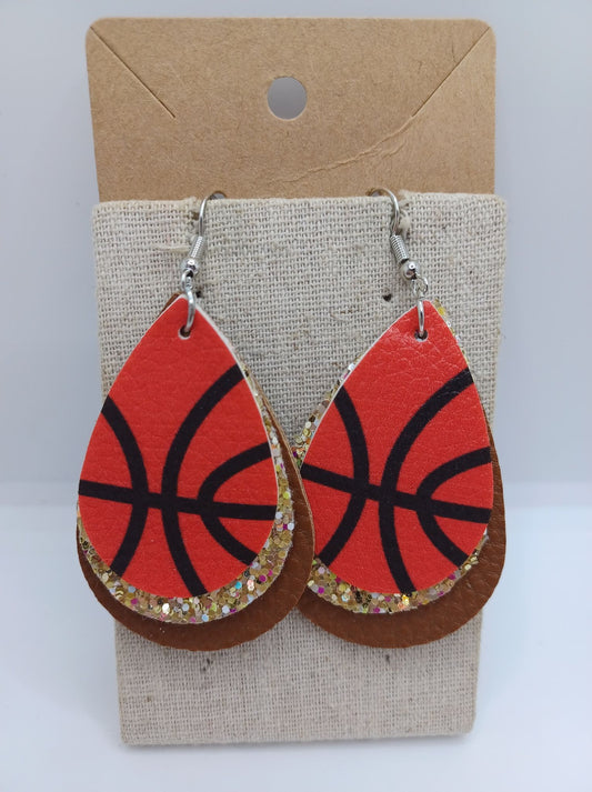 Triple Layered Basketball Earrings w/ Brown & Gold Glitter