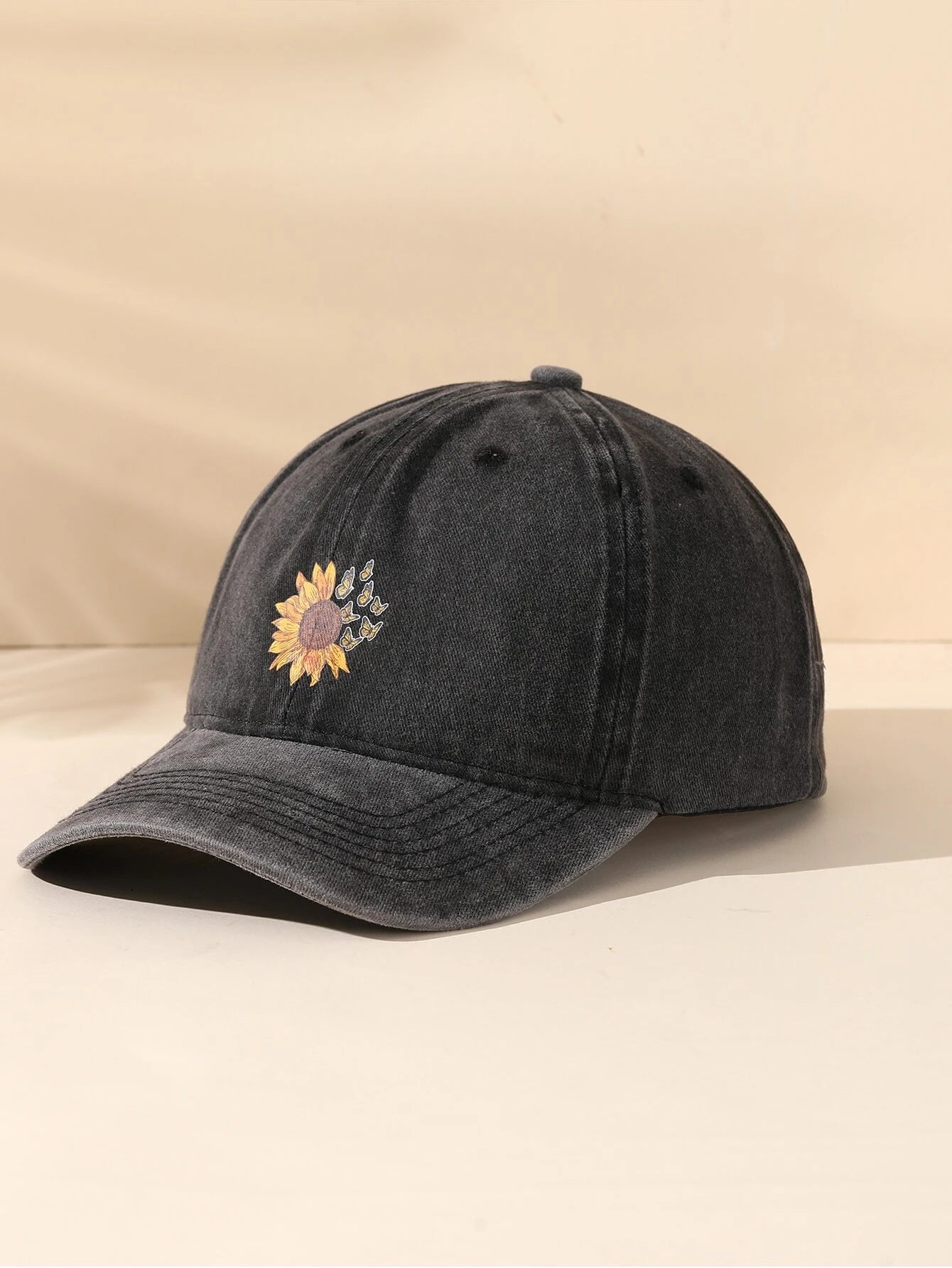 Black Denim Wash Sunflower & Butterfly Hat