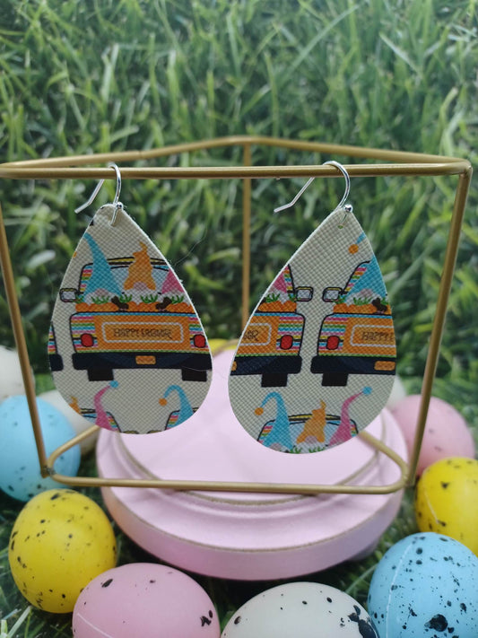Happy Eater Gnomes Driving Car Leather Style Earrings