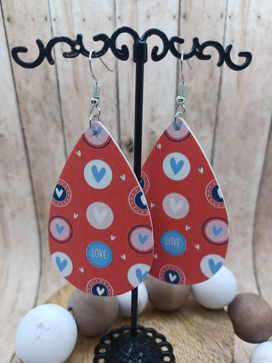Red Valentine's Day Earrings w/ Blue & Pink Hearts
