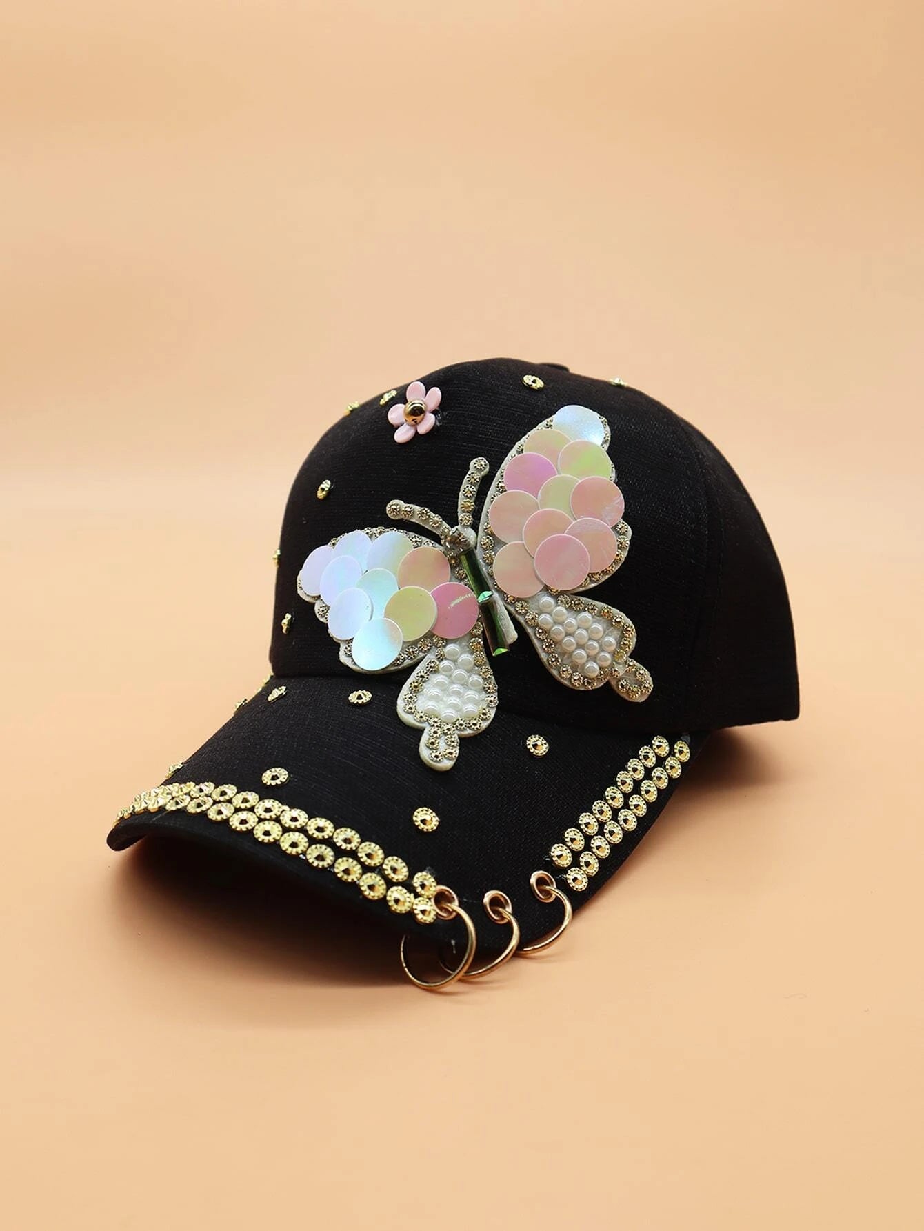 Black Hat w/ Iridescent Butterfly & Gold Embellishments